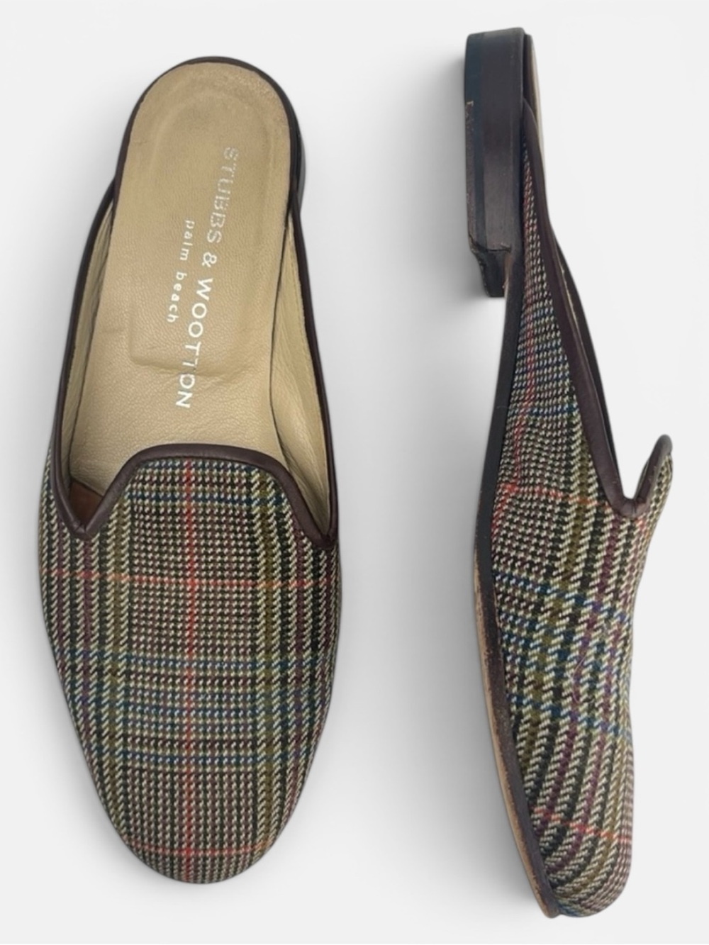 Stubbs & Wootton Plaid Mules Women 7 Brown Multi Color Retired Pattern